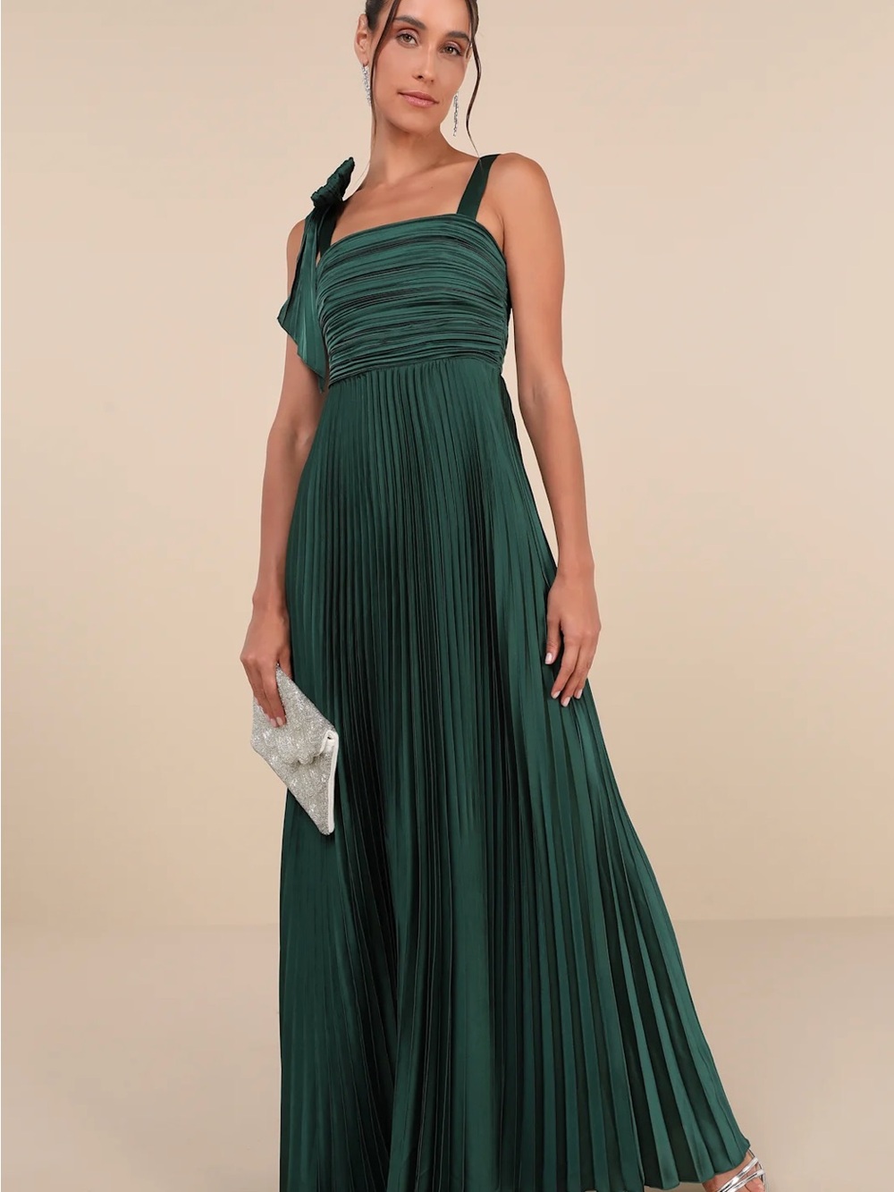 Lulus Gorgeous Purpose Emerald Satin Pleated Sleeveless Maxi Dress